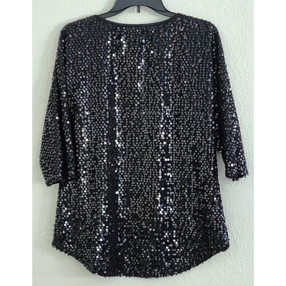 TOP-NUE OPTIONS-Black Sequins-Shirt Tail Bottom-3/4 Sleeves-Reflective-Size MED - Picture 2 of 14